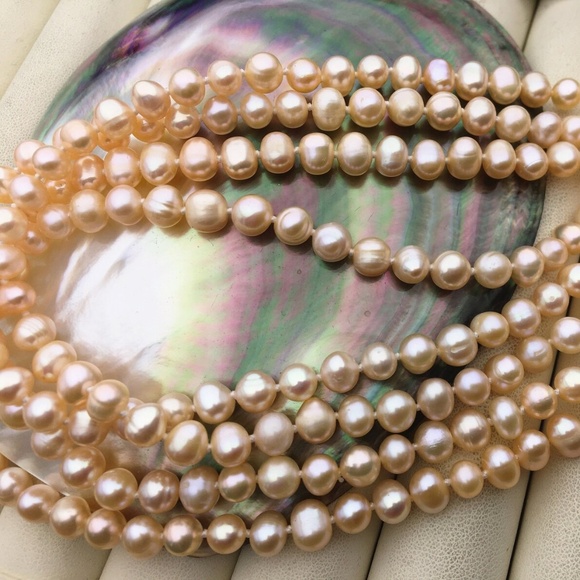 Handmade Jewelry - 52 Inches AA 5-6mm Natural PEACH Cultured Pearl Necklace - HAND KNOTTED